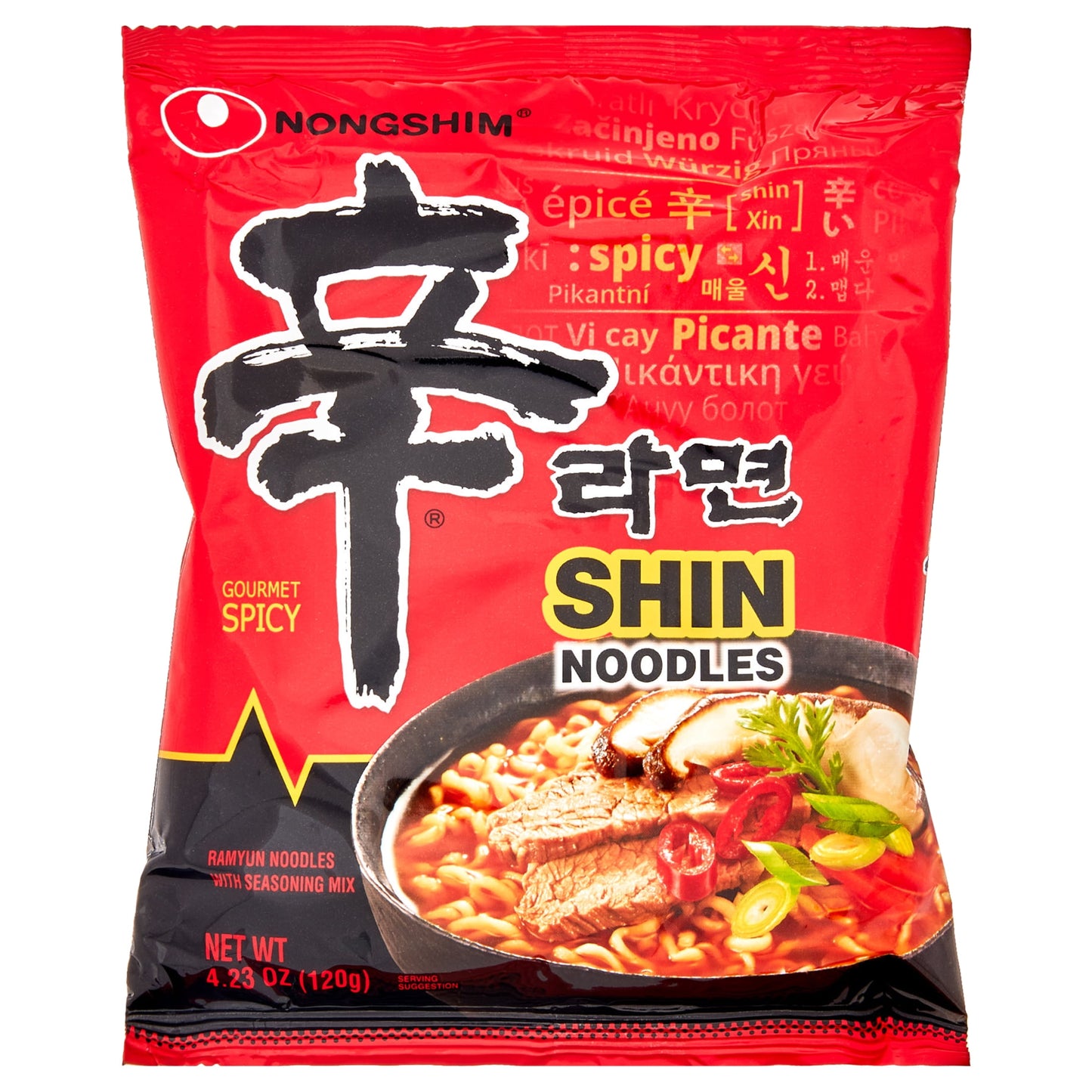 Nongshim Shin Ramyun Spicy Beef Ramen Noodle Soup Pack, 4.02oz x 10 Count