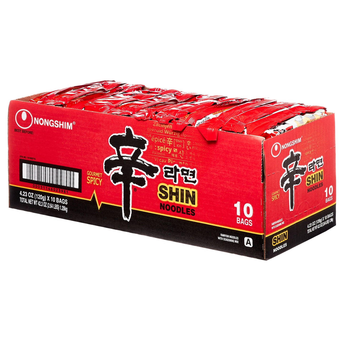 Nongshim Shin Ramyun Spicy Beef Ramen Noodle Soup Pack, 4.02oz x 10 Count