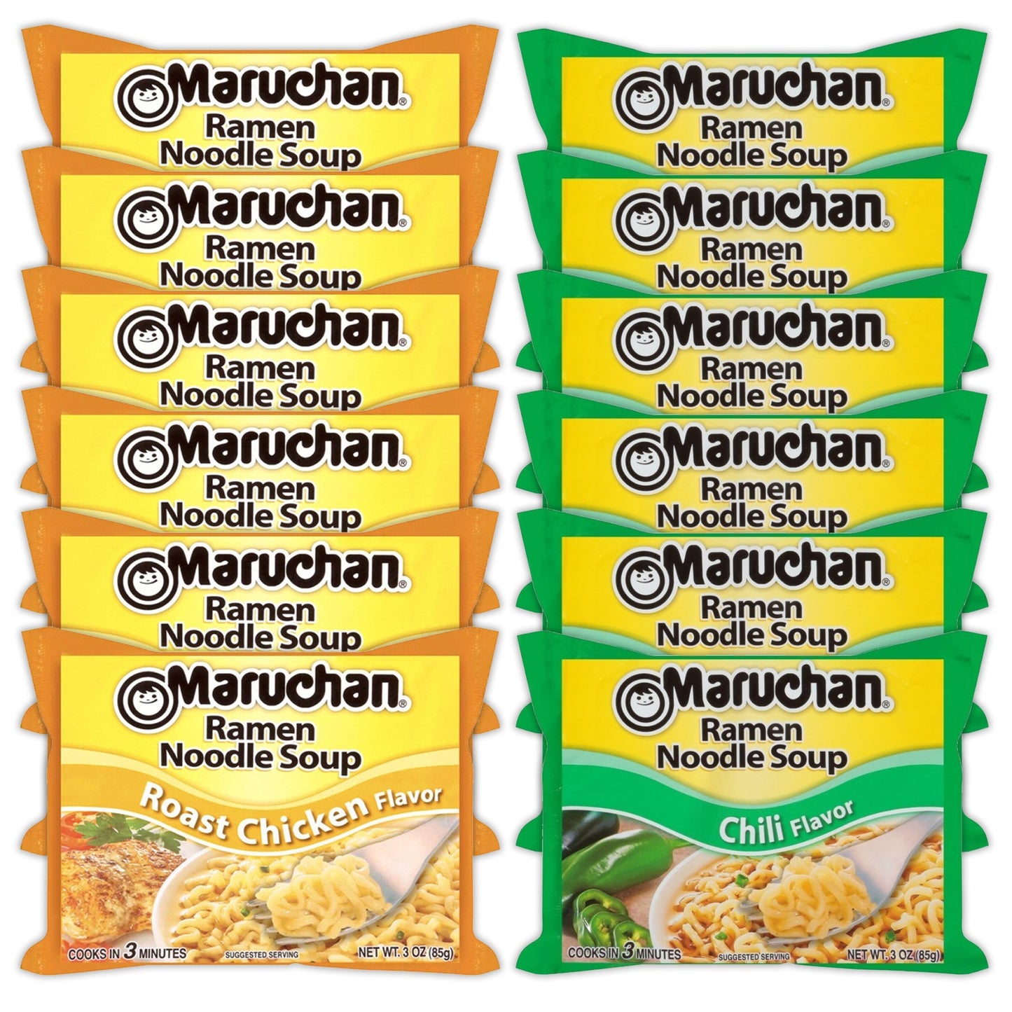 Maruchan Ramen Instant Noodle Soup Variety, 2 Flavors - 6 Packs Roast Chicken & 6 Packs Chili , 3 Ounce Single Servings Lunch / Dinner Variety