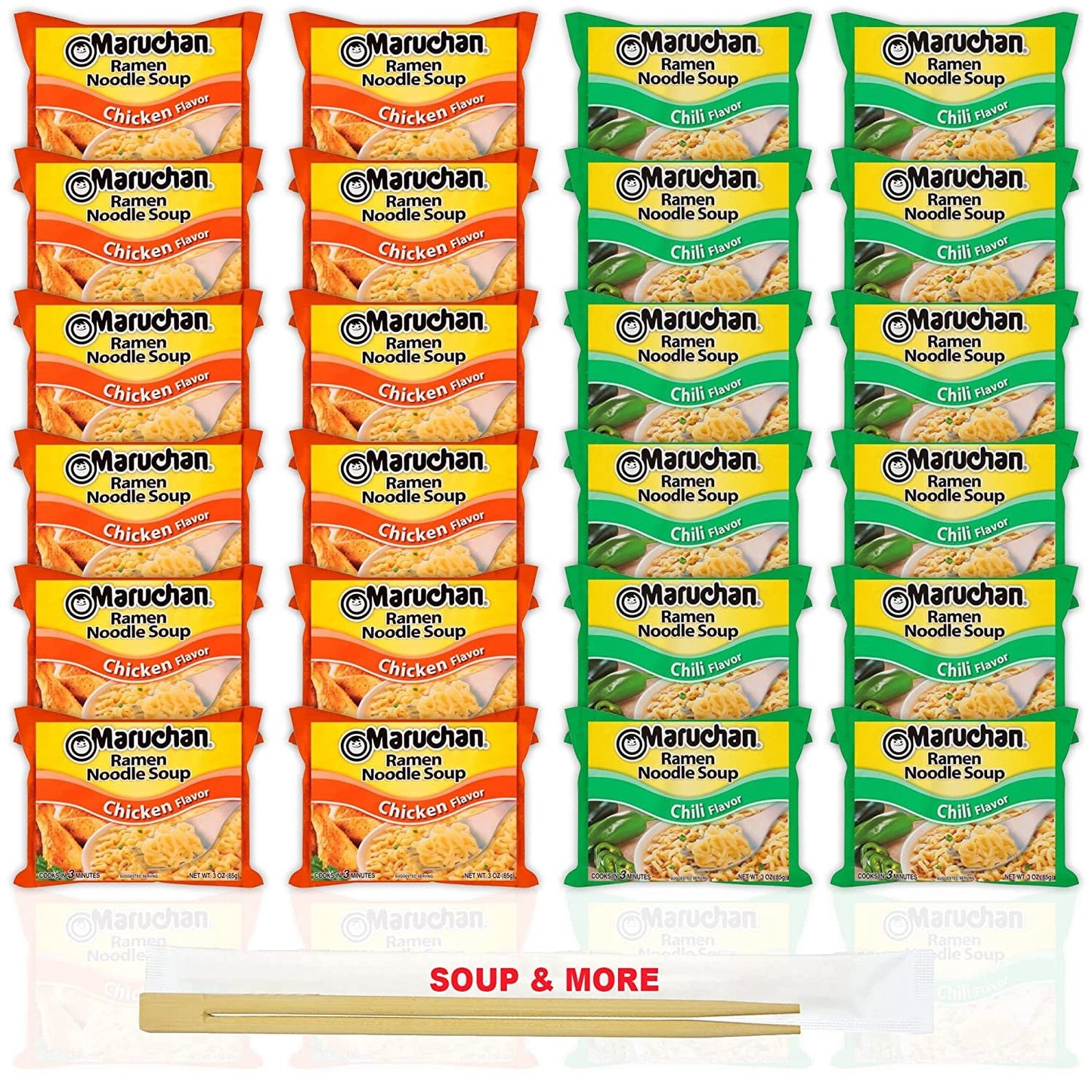 Maruchan Ramen Instant Noodle Soup Variety, 2 Flavors - 12 Packs Chicken & 12 Packs Chili , 3 Ounce Single Servings Lunch / Dinner Variety