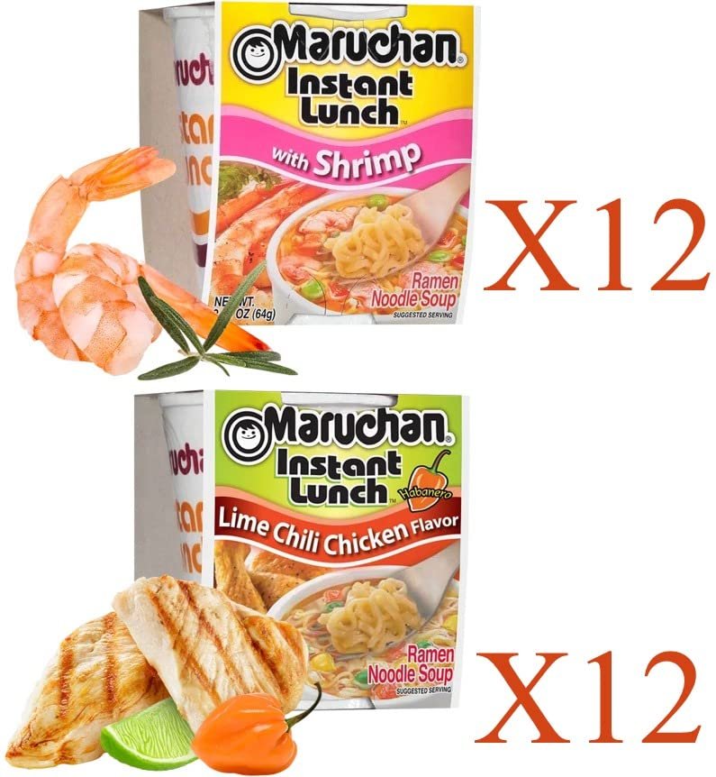 Maruchan Ramen Instant Cup Noodles 24 Count - 12 Shrimp Flavor & 12 Lime Chili Chicken Flavor Lunch / Dinner Variety, 2 Flavors