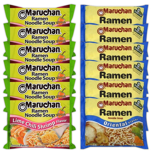 Maruchan Ramen Instant Noodle Soup Variety, 2 Flavors - 6 Packs Lime Chili Shrimp & 6 Packs Soy Sauce , 3 Ounce Single Servings Lunch / Dinner Variety