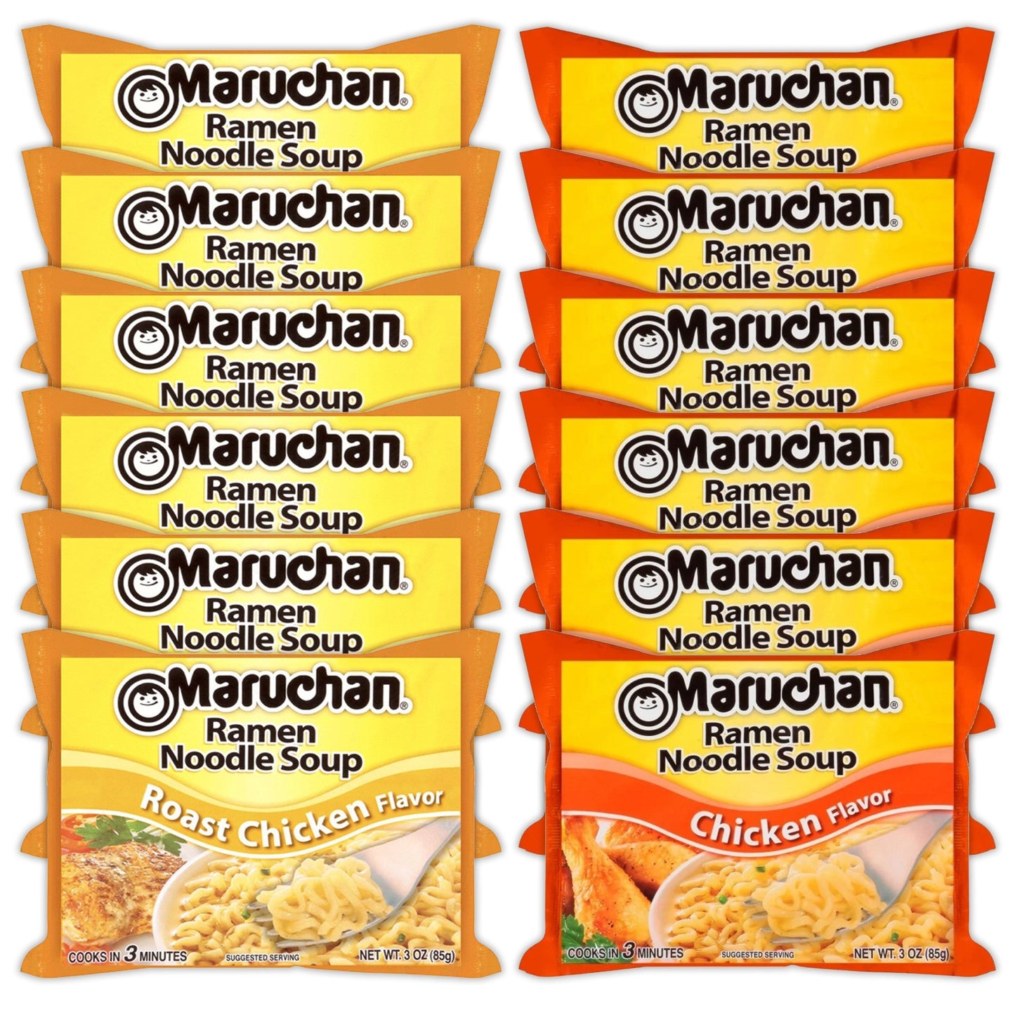 Maruchan Ramen Instant Noodle Soup Variety, 2 Flavors - 6 Packs Roast Chicken & 6 Packs Chicken , 3 Ounce Single Servings Lunch / Dinner Variety