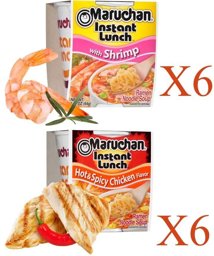 Maruchan Ramen Instant Cup Noodles 12 Count - 6 Shrimp Flavor & 6 Hot & Spicy Chicken Flavor Lunch / Dinner Variety, 2 Flavors