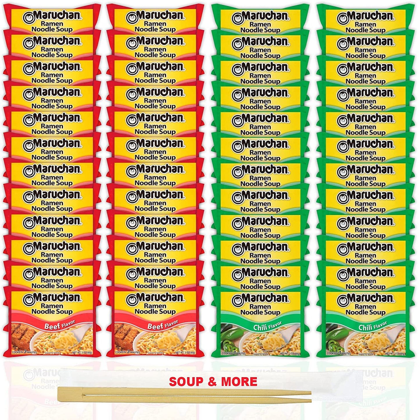 Maruchan Ramen Instant Noodle Soup Variety, 2 Flavors - 24 Packs Beef & 24 Packs Chili , 3 Ounce Single Servings Lunch / Dinner Variety