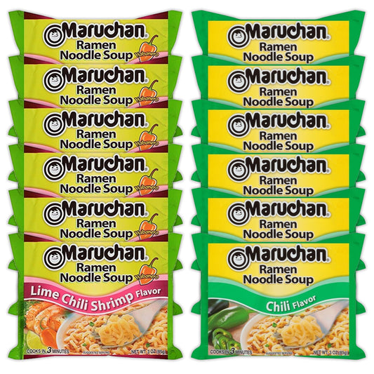 Maruchan Ramen Instant Noodle Soup Variety, 2 Flavors - 6 Packs Lime Chili Shrimp & 6 Packs Chili , 3 Ounce Single Servings Lunch / Dinner Variety