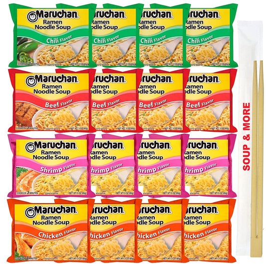 Maruchan Ramen Instant Soup Noodles Packs 16 Count - 4 Shrimp Flavor, 4 Beef , 4 Chili , 4 Chicken Pack Flavor Lunch / Dinner Variety, 4 Flavors