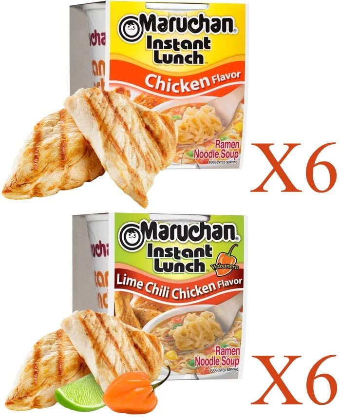 Maruchan Ramen Instant Cup Noodles 12 Count - 6 Chicken Flavor & 6 Lime Chili Chicken Flavor Lunch / Dinner Variety, 2 Flavors