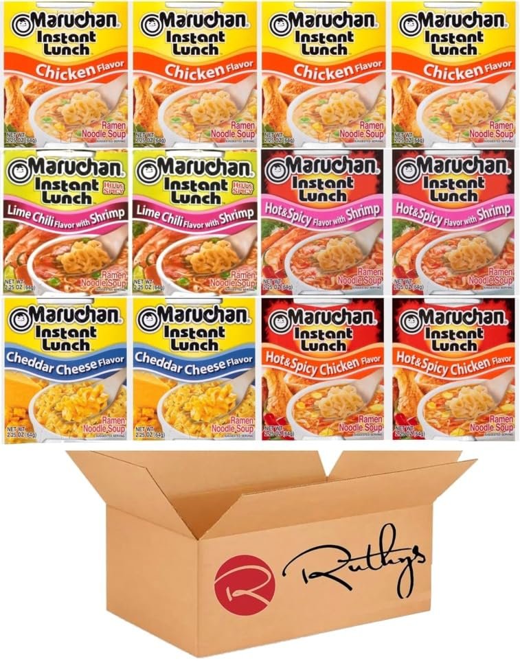 Ruthy's Outlet Ramen Noodle Cup Soup Instant Lunch Variety 12 Count - 9 Flavors -Chicken, Spicy Beef, Chedder cheese, Spicy Chicken, Lime chili Shrimp