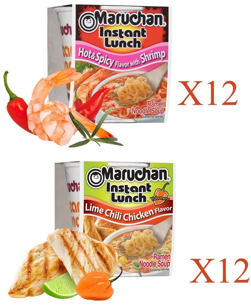 Maruchan Ramen Instant Cup Noodles 24 Count - 12 Hot & Spicy Shrimp Flavor & 12 Lime Chili Chicken Flavor Lunch / Dinner Variety, 2 Flavors