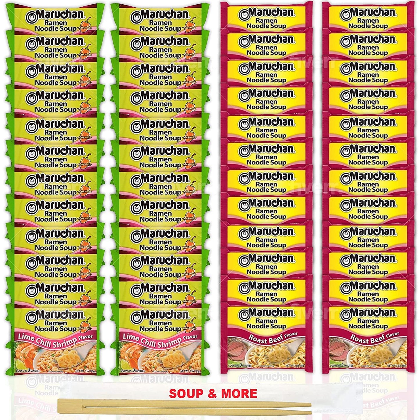 Maruchan Ramen Instant Noodle Soup Variety, 2 Flavors - 24 Packs Lime Chili Shrimp & 24 Packs Roast Beef , 3 Ounce Single Servings Lunch / Dinner Variety