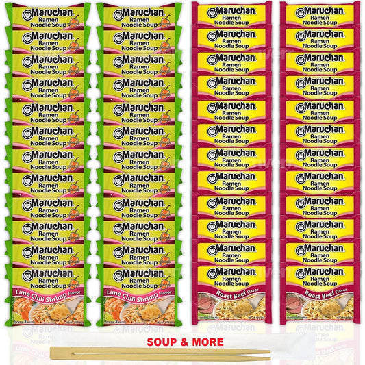 Maruchan Ramen Instant Noodle Soup Variety, 2 Flavors - 24 Packs Lime Chili Shrimp & 24 Packs Roast Beef , 3 Ounce Single Servings Lunch / Dinner Variety