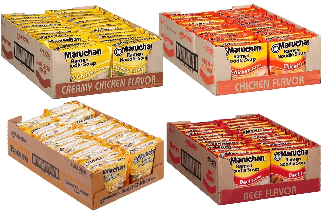 Maruchan Ramen Instant Soup Noodles Mix Variety 4 Flavor Packs 96 Count - 24 Chicken , 24 Lime Chili Shrimp , 24 Beef , 24 Shrimp Pack Lunch / Dinner Variety