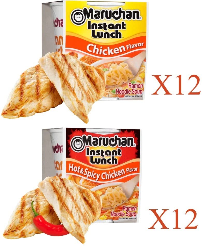 Maruchan Ramen Instant Cup Noodles 24 Count - 12 Chicken Flavor & 12 Hot & Spicy Chicken Flavor Lunch / Dinner Variety, 2 Flavors