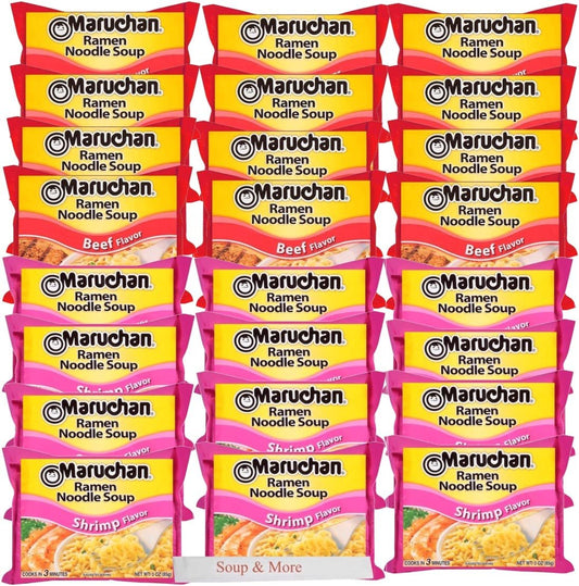 Maruchan Ramen Instant Soup Noodles 24 Count - 12 Shrimp Flavor & 12 Beef Pack Flavor Lunch / Dinner Variety, 2 Flavors