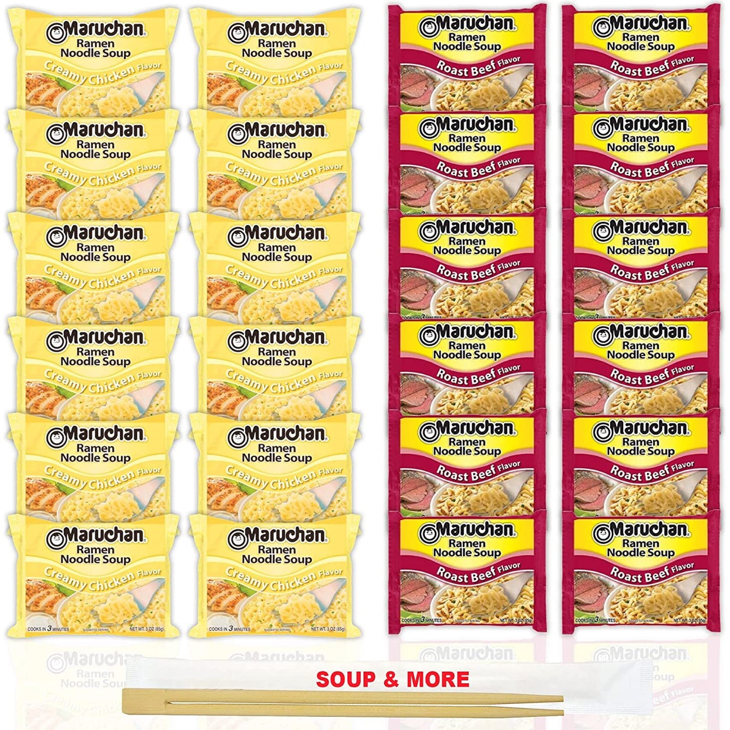 Maruchan Ramen Instant Noodle Soup Variety, 2 Flavors - 12 Packs Creamy Chicken & 12 Packs Roast Beef , 3 Ounce Single Servings Lunch / Dinner Variety