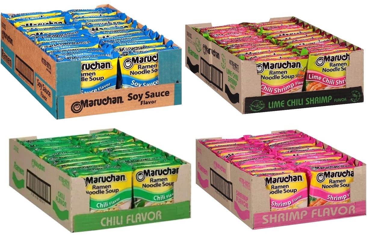 Maruchan Ramen Instant Soup Noodles Mix Variety 4 Flavor Packs 96 Count - 24 Chicken , 24 Lime Chili Shrimp , 24 Beef , 24 Shrimp Pack Lunch / Dinner Variety