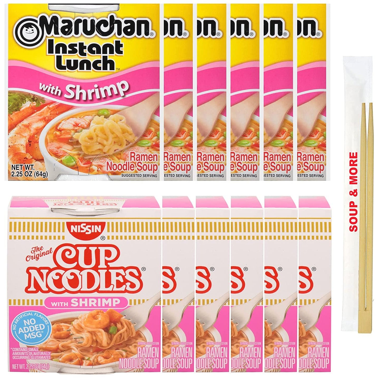 Maruchan Ramen Instant Shrimp Soup 6 Noodles Cups & 6 Nissin cup Shrimp Noodles Flavor Lunch / Dinner Variety, 12 Count, 2 Flavors