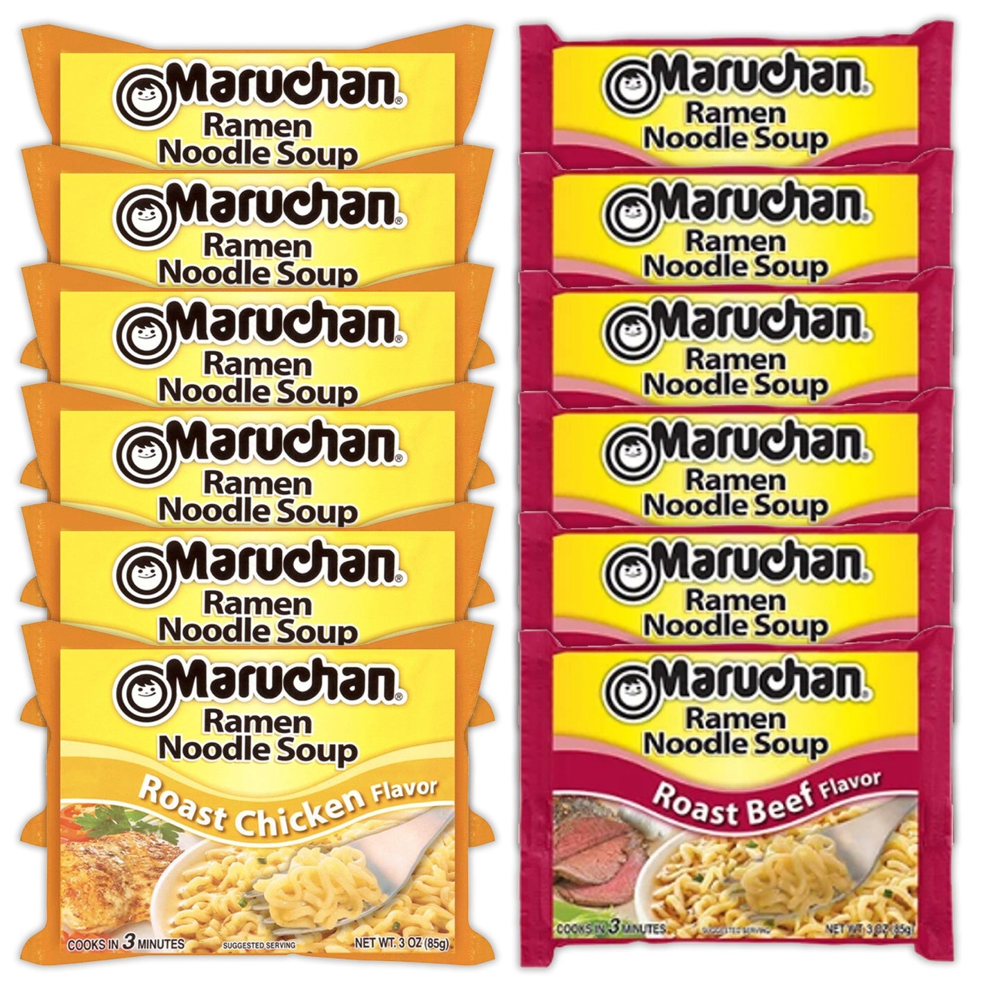 Maruchan Ramen Instant Noodle Soup Variety, 2 Flavors - 6 Packs Roast Chicken & 6 Packs Roast Beef , 3 Ounce Single Servings Lunch / Dinner Variety