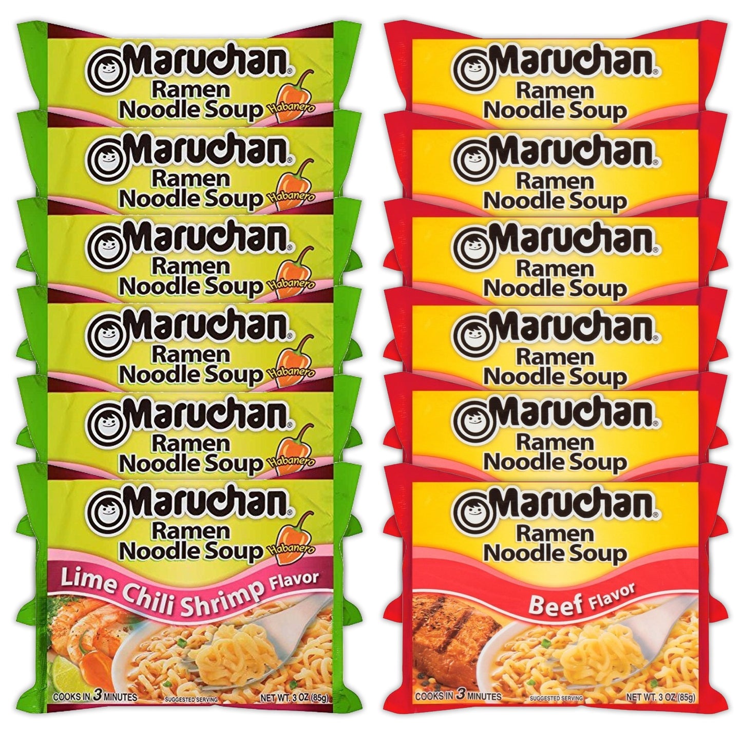 Maruchan Ramen Instant Noodle Soup Variety, 2 Flavors - 6 Packs Lime Chili Shrimp & 6 Packs Beef , 3 Ounce Single Servings Lunch / Dinner Variety