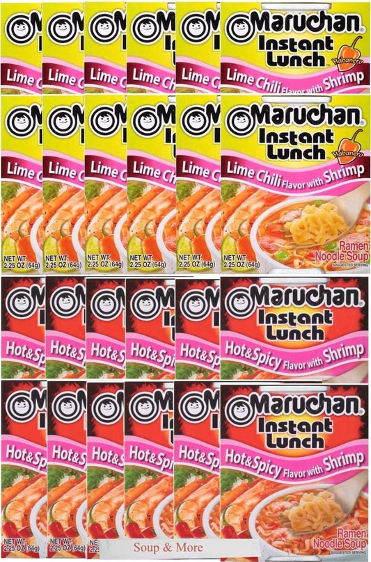 Maruchan Ramen Instant Soup Cup Noodles 24 Count - 12 Hot & Spicy Shrimp Flavor & 12 Lime Chili Shrimp Flavor Lunch / Dinner Variety, 2 Flavors