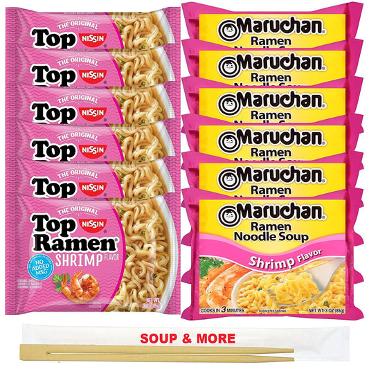 Maruchan Ramen Instant Shrimp Flavor Soup 6 Noodles Packs & 6 Nissin Packs Shrimp Noodles Flavor Lunch / Dinner Variety, 12 Count, 2 Flavors