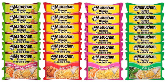 Maruchan Ramen Instant Noodle Soup Variety Mix 24 Packs, 4 Flavors - 6 Pack Beef, 6 Pack Lime Chili Shrimp, 6 Pack Chilli, 6 Pack Shrimp Lunch / Dinner Variety