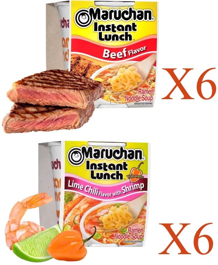 Maruchan Ramen Instant Cup Noodles 12 Count - 6 Beef Flavor & 6 Lime Chili Shrimp Flavor Lunch / Dinner Variety, 2 Flavors