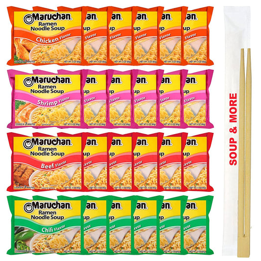 Maruchan Ramen Instant Soup 24 Count Noodles Packs- 6 Chicken, 6 Shrimp, 6 Beef & 6 Chili Flavors Lunch / Dinner Variety, 4 Flavors