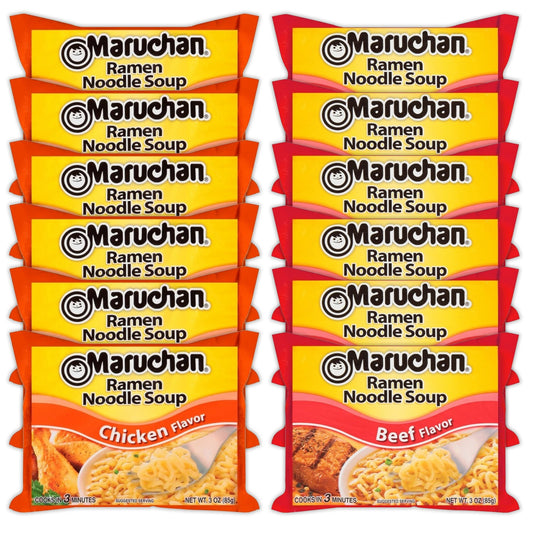 Maruchan Ramen Instant Noodle Soup Variety, 2 Flavors - 6 Packs Chicken & 6 Packs Beef , 3 Ounce Single Servings Lunch / Dinner Variety