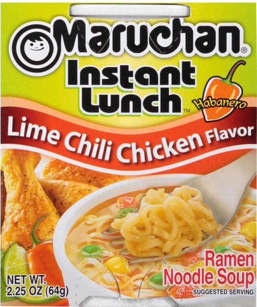 Maruchan Ramen Instant Cup Noodles 12 Count - 6 Lime Chili Chicken Flavor & 6 Hot & Spicy Chicken Flavor Lunch / Dinner Variety, 2 Flavors