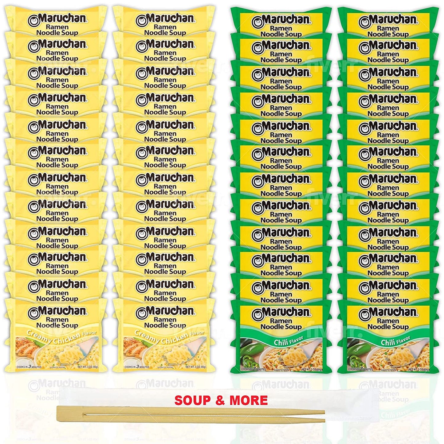 Maruchan Ramen Instant Noodle Soup Variety, 2 Flavors - 24 Packs Creamy Chicken & 24 Packs Chili , 3 Ounce Single Servings Lunch / Dinner Variety