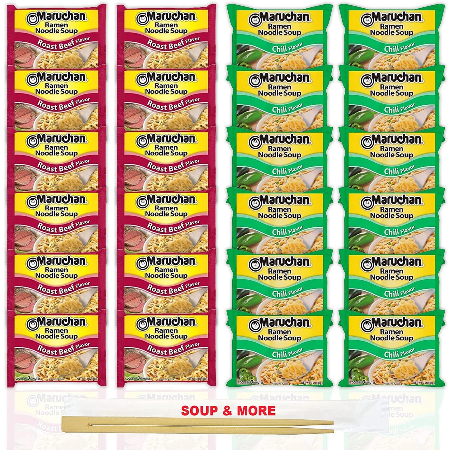 Maruchan Ramen Instant Noodle Soup Variety, 2 Flavors - 12 Packs Roast Beef & 12 Packs Chili , 3 Ounce Single Servings Lunch / Dinner Variety