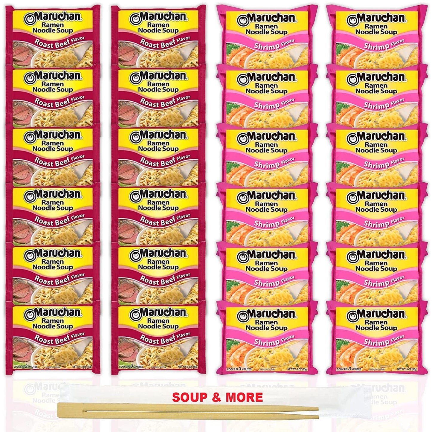 Maruchan Ramen Instant Noodle Soup Variety, 2 Flavors - 12 Packs Roast Beef & 12 Packs Shrimp , 3 Ounce Single Servings Lunch / Dinner Variety