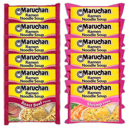 Maruchan Ramen Instant Noodle Soup Variety, 2 Flavors - 6 Packs Roast Beef & 6 Packs Shrimp , 3 Ounce Single Servings Lunch / Dinner Variety