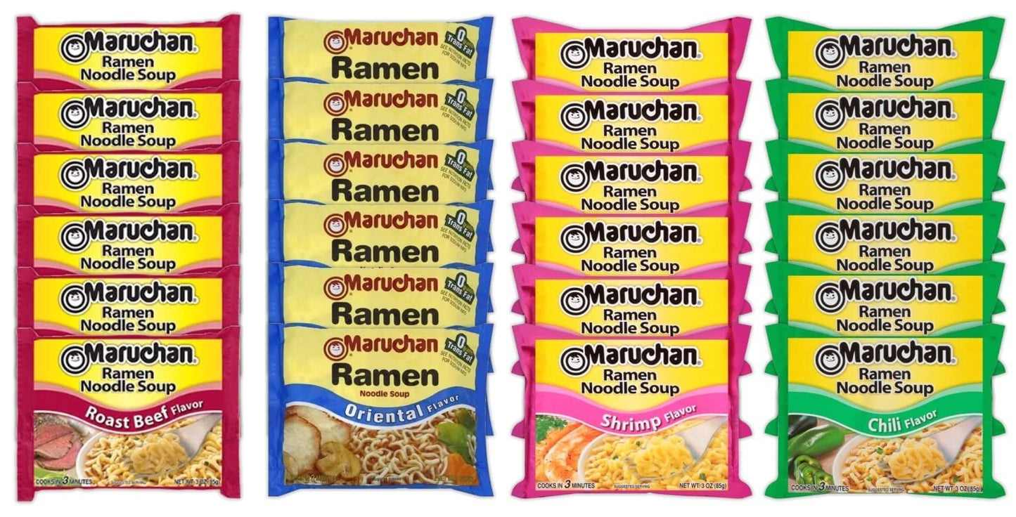 Maruchan Ramen Instant Noodle Soup Variety Mix 24 Packs, 4 Flavors - 6 Pack Shrimp, 6 Pack Roast Beef, 6 Pack Oriental , 6 Pack Chili Lunch / Dinner Variety