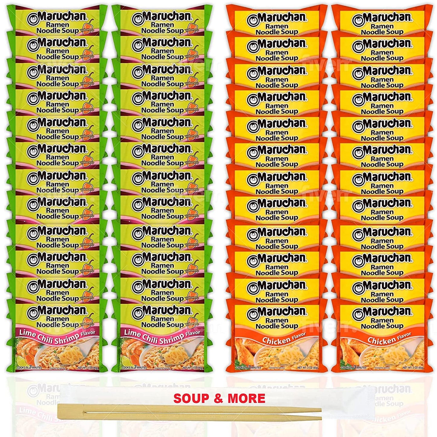 Maruchan Ramen Instant Noodle Soup Variety, 2 Flavors - 24 Packs Lime Chili Shrimp & 24 Packs Chicken , 3 Ounce Single Servings Lunch / Dinner Variety