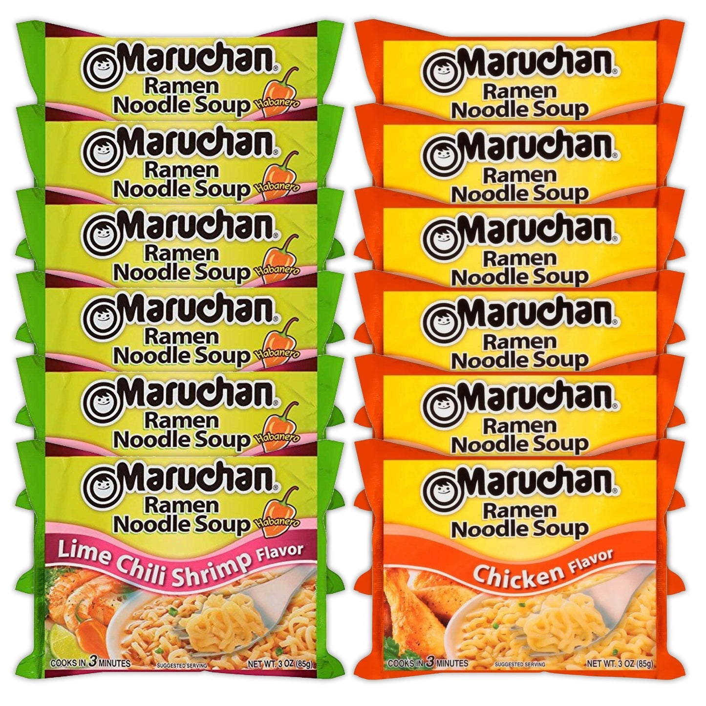 Maruchan Ramen Instant Noodle Soup Variety, 2 Flavors - 6 Packs Lime Chili Shrimp & 6 Packs Chicken , 3 Ounce Single Servings Lunch / Dinner Variety