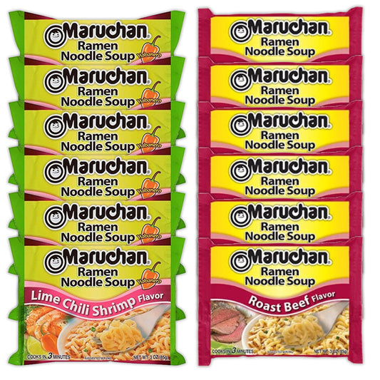 Maruchan Ramen Instant Noodle Soup Variety, 2 Flavors - 6 Packs Lime Chili Shrimp & 6 Packs Roast Beef , 3 Ounce Single Servings Lunch / Dinner Variety