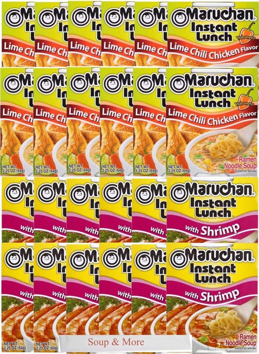 Maruchan Ramen Instant Cup Noodles 24 Count - 12 Shrimp Flavor & 12 Lime Chili Chicken Flavor Lunch / Dinner Variety, 2 Flavors