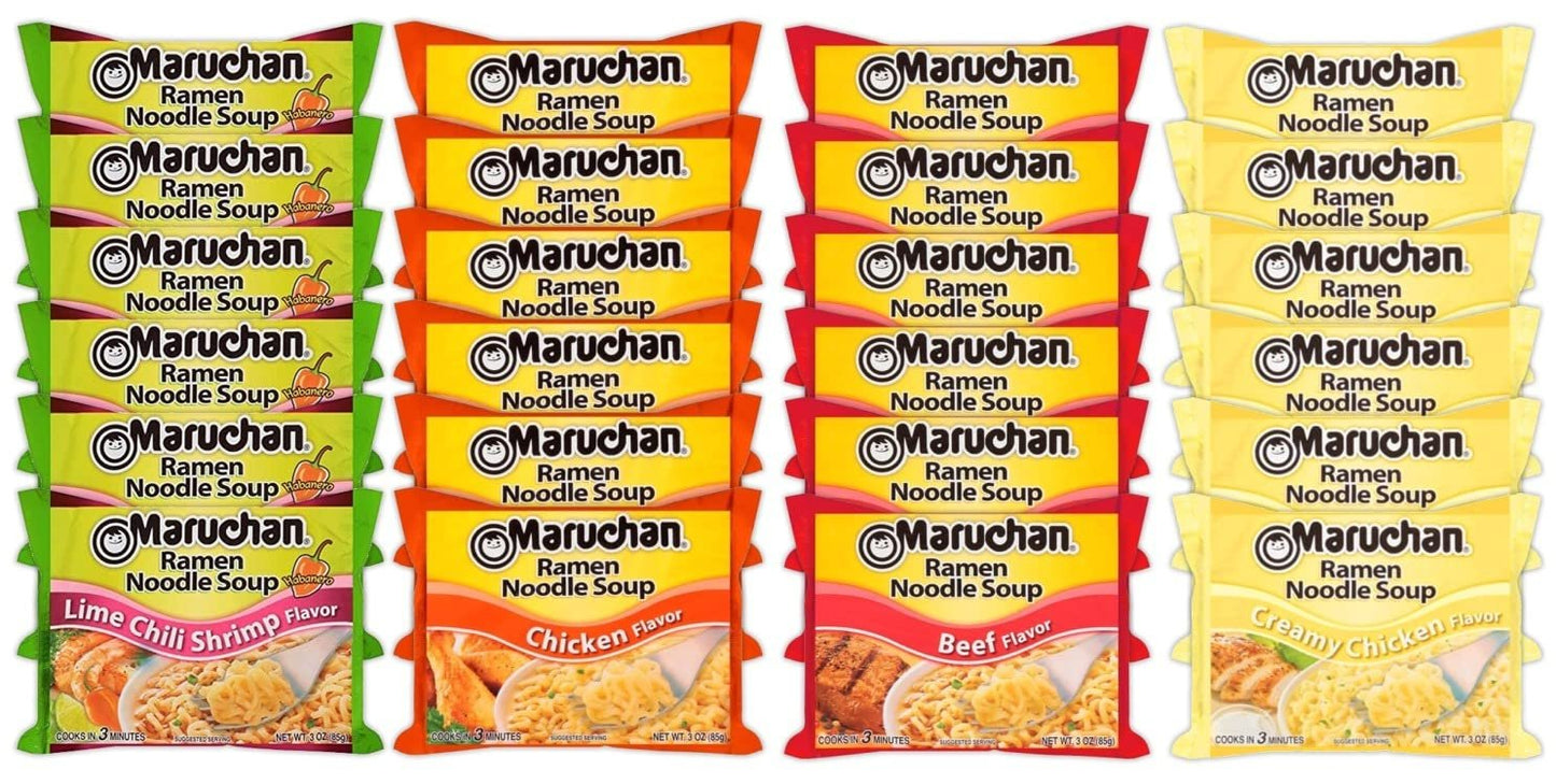 Maruchan Ramen Instant Noodle Soup Variety Mix 24 Packs, 4 Flavors - 6 Pack Chicken, 6 Pack Beef, 6 Pack Creamy Chicken , 6 Pack Lime Chili Shrimp Lunch / Dinner Variety