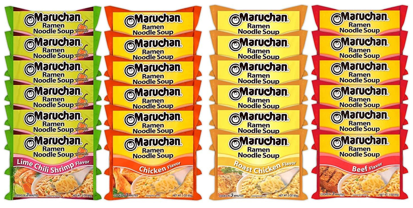 Maruchan Ramen Instant Noodle Soup Variety Mix 24 Packs, 4 Flavors - 6 Pack Lime Chili Shrimp, 6 Pack Chicken, 6 Pack Roast Chicken, 6 Pack Beef Lunch / Dinner Variety