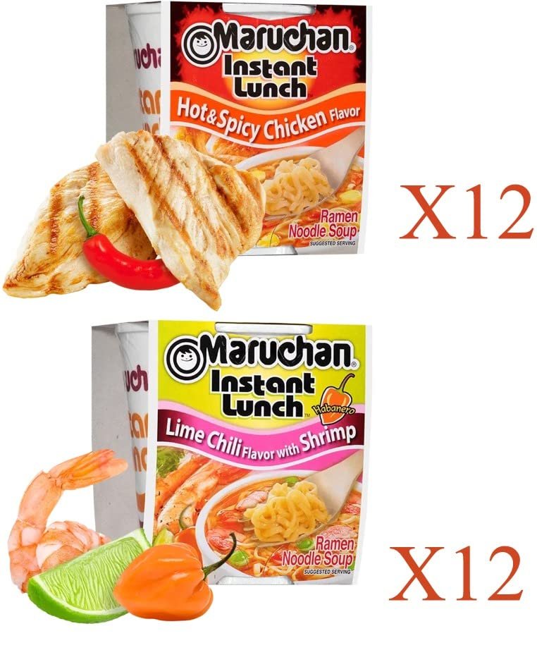 Maruchan Ramen Instant Cup Noodles 24 Count - 12 Hot & Spicy Chicken Flavor & 12 Lime Chili Shrimp Flavor Lunch / Dinner Variety, 2 Flavors