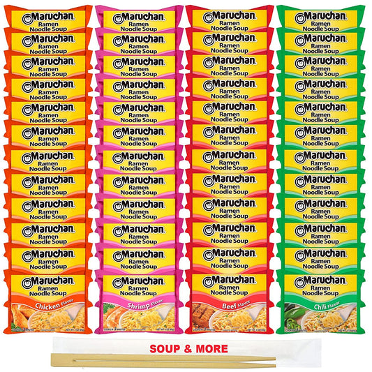 Maruchan Ramen Instant Soup Noodles Packs 48 Count - 12 Shrimp Flavor, 12 Beef , 12 Chili , 12 Chicken Pack Flavor Lunch / Dinner Variety, 4 Flavors