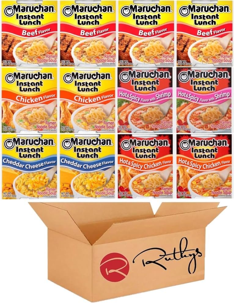 Ruthy's Outlet Ramen Noodle Cup Soup Instant Lunch Variety 12 Count - 9 Flavors -Chicken, Spicy Beef, Chedder cheese, Spicy Chicken, Lime chili Shrimp