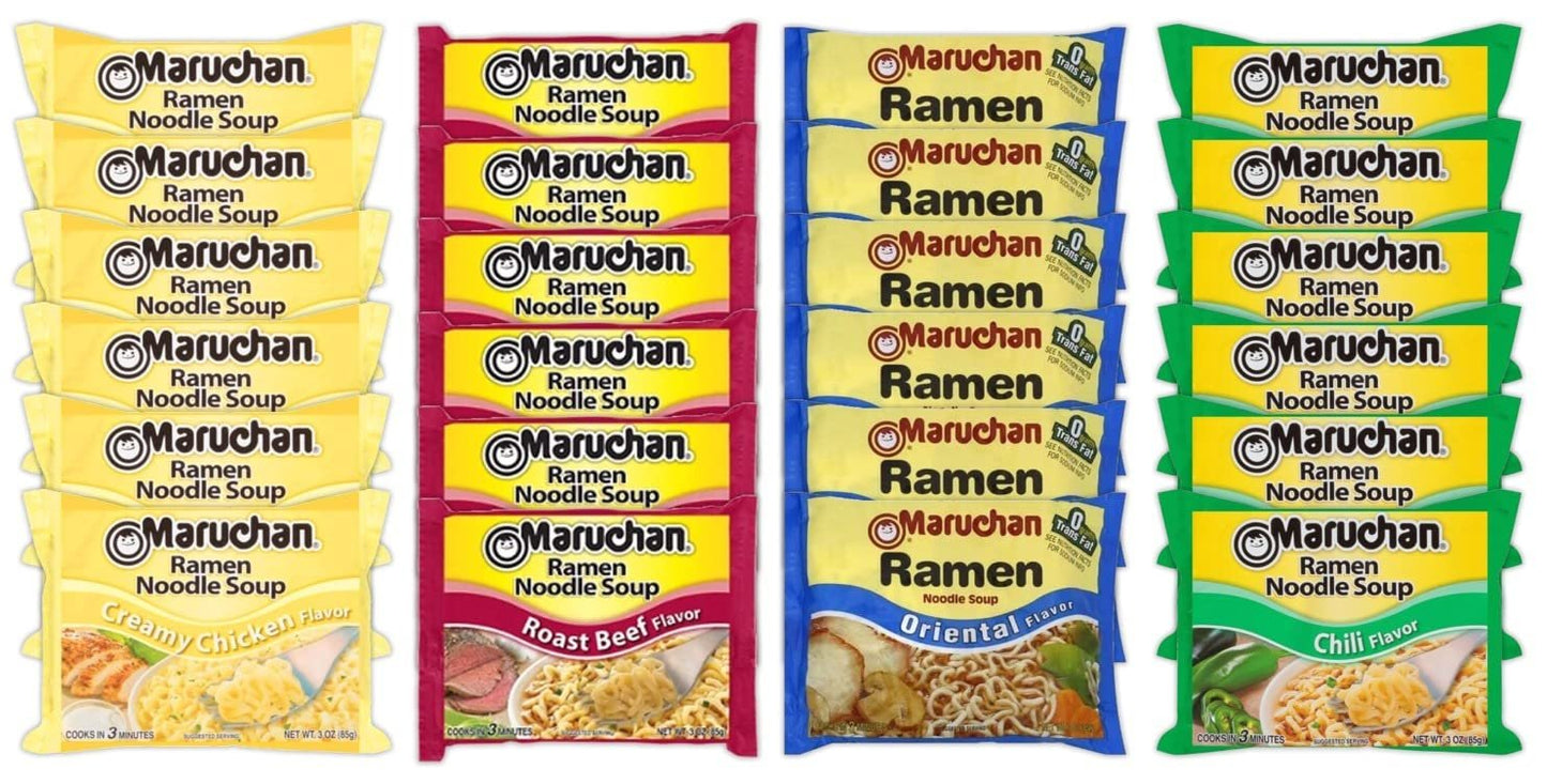 Maruchan Ramen Instant Noodle Soup Variety Mix 24 Packs, 4 Flavors - 6 Pack Creamy Chicken, 6 Pack Roast Beef, 6 Pack Oriental , 6 Pack Chili Lunch / Dinner Variety