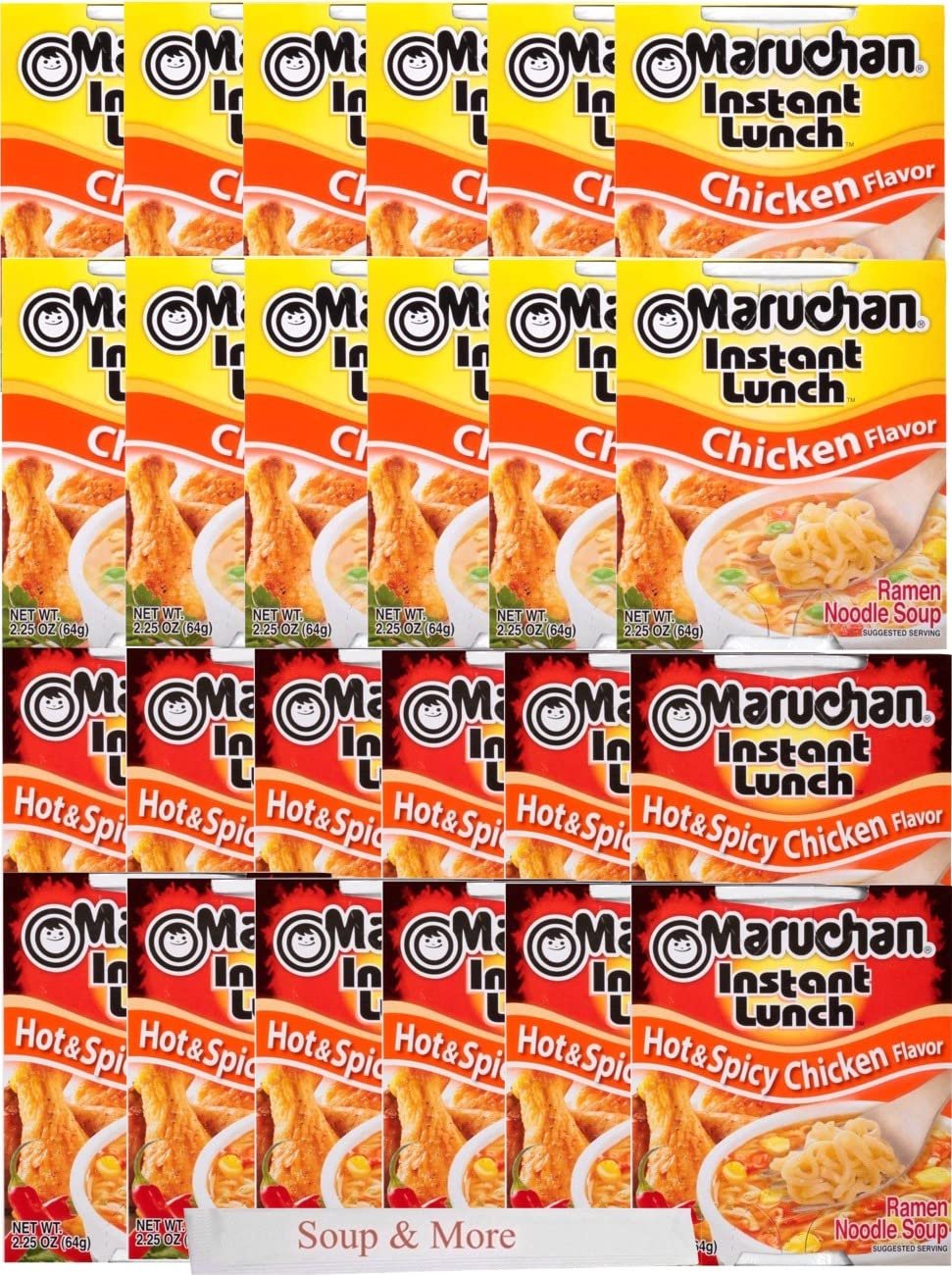 Maruchan Ramen Instant Cup Noodles 24 Count - 12 Chicken Flavor & 12 Hot & Spicy Chicken Flavor Lunch / Dinner Variety, 2 Flavors