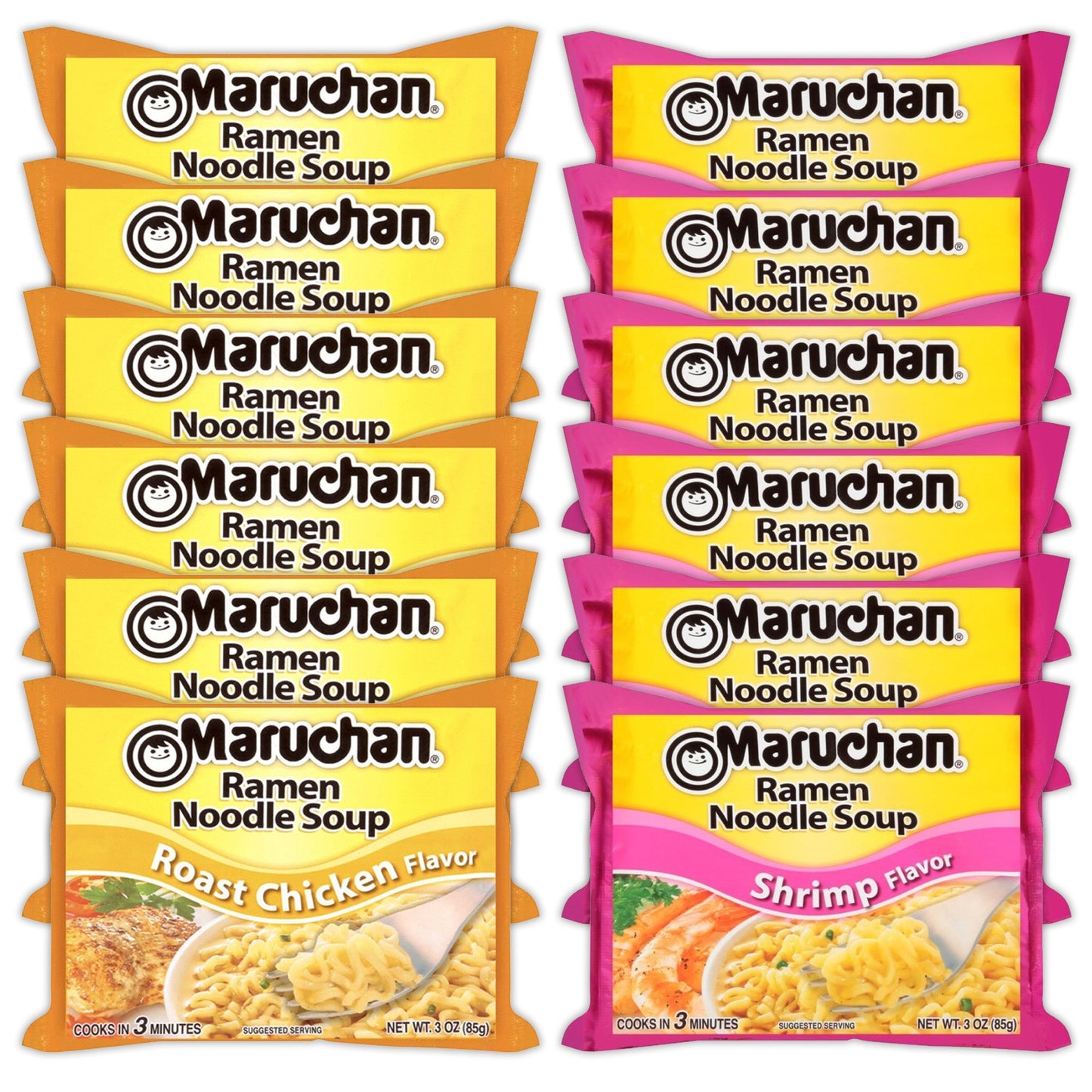 Maruchan Ramen Instant Noodle Soup Variety, 2 Flavors - 6 Packs Roast Chicken & 6 Packs Shrimp , 3 Ounce Single Servings Lunch / Dinner Variety