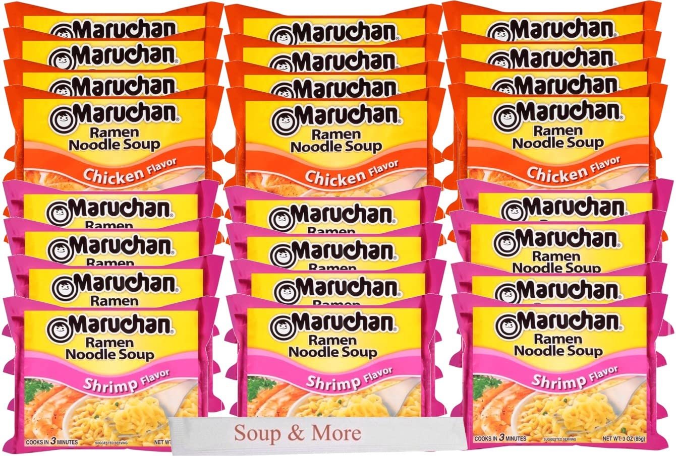 Maruchan Ramen Instant Soup Noodles 24 Count - 12 Shrimp Flavor & 12 Chicken Flavor Lunch / Dinner Variety, 2 Flavors