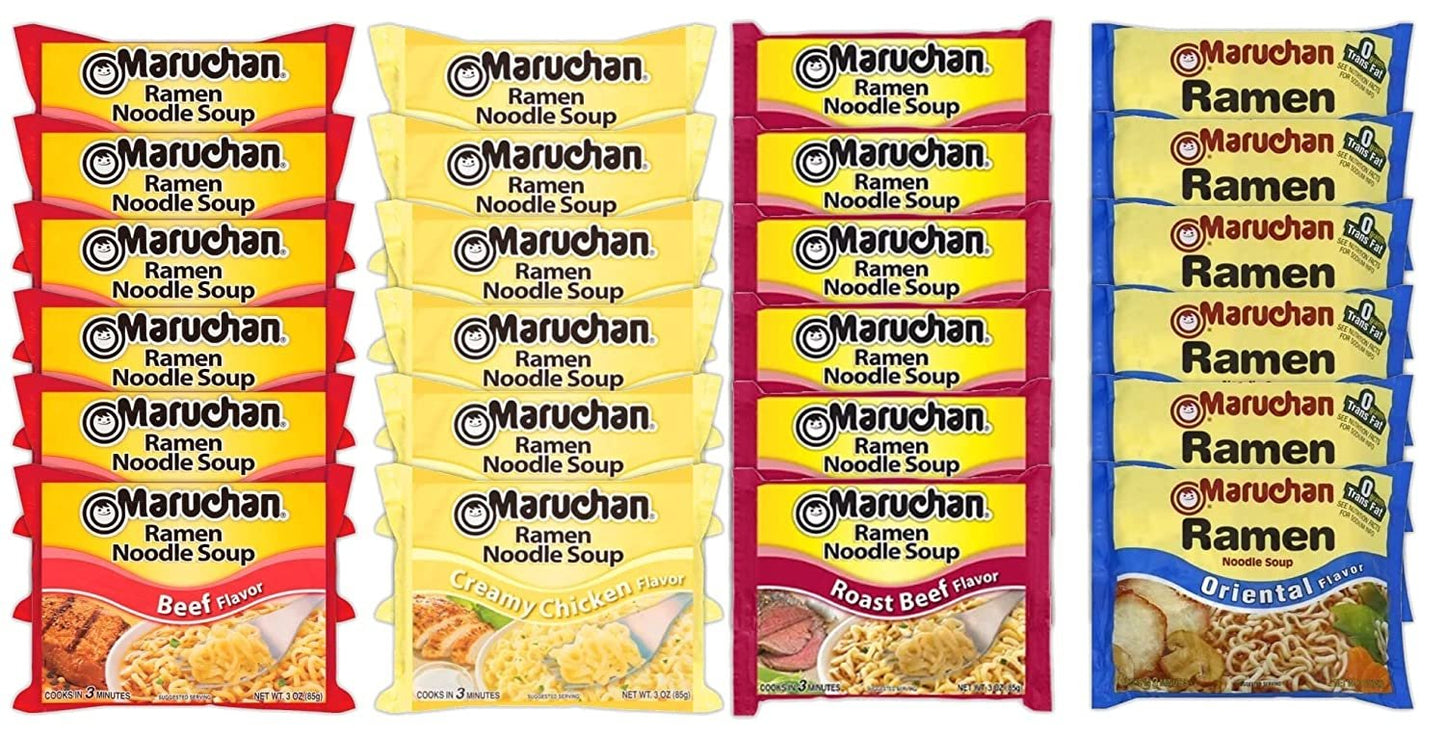 Maruchan Ramen Instant Noodle Soup Variety Mix 24 Packs, 4 Flavors - 6 Pack Creamy Chicken, 6 Pack Roast Beef, 6 Pack Oriental , 6 Pack Beef Lunch / Dinner Variety